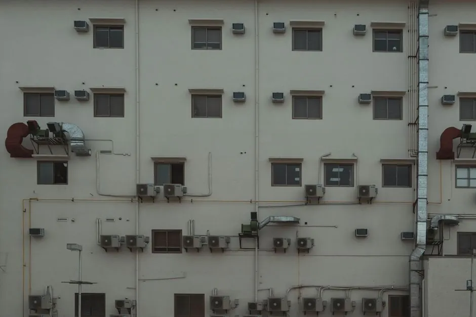 A building facade covered with air conditioning units and ducts illustrating urban architecture.
